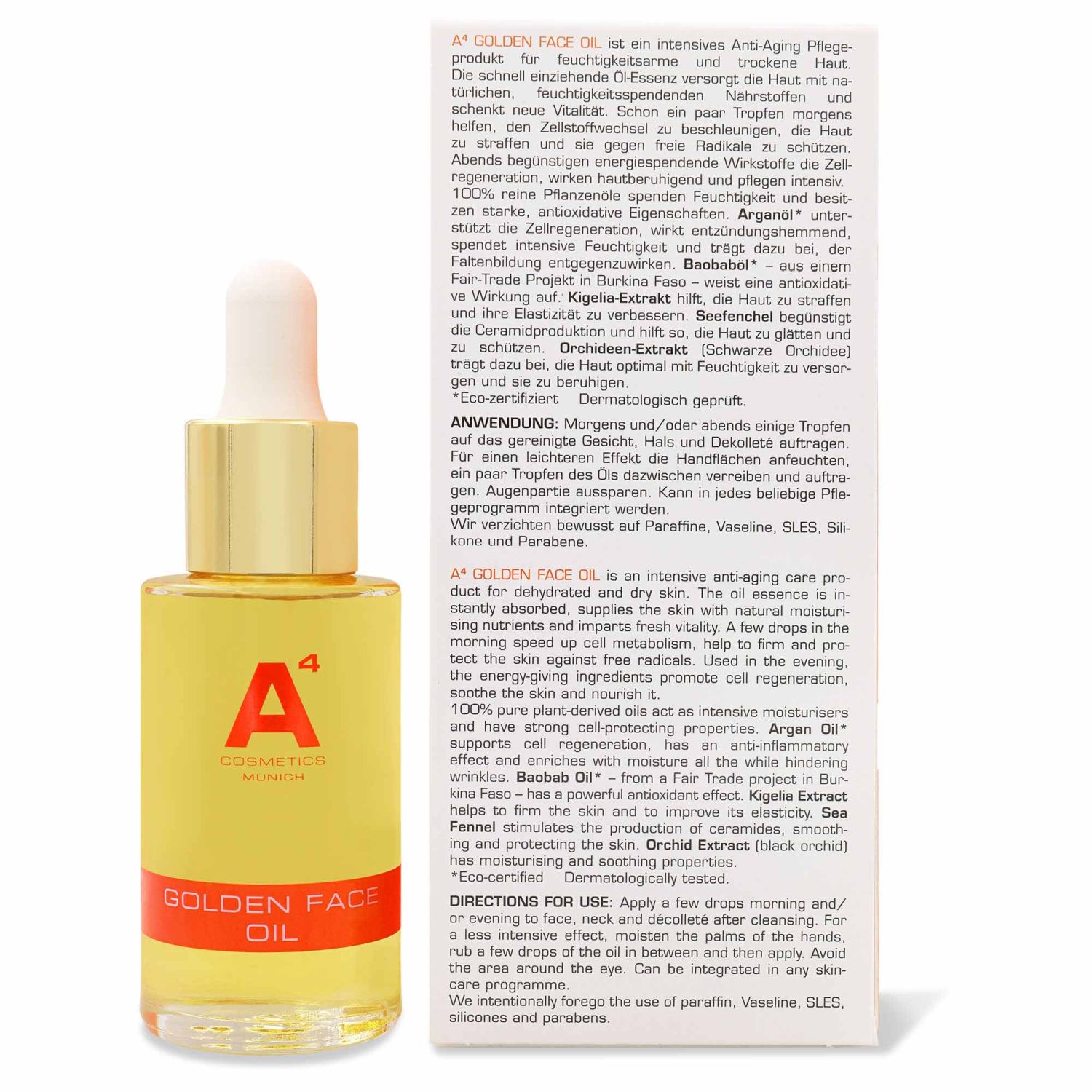 A4 Golden Face Oil onpack mit Golden Body Oil Mini