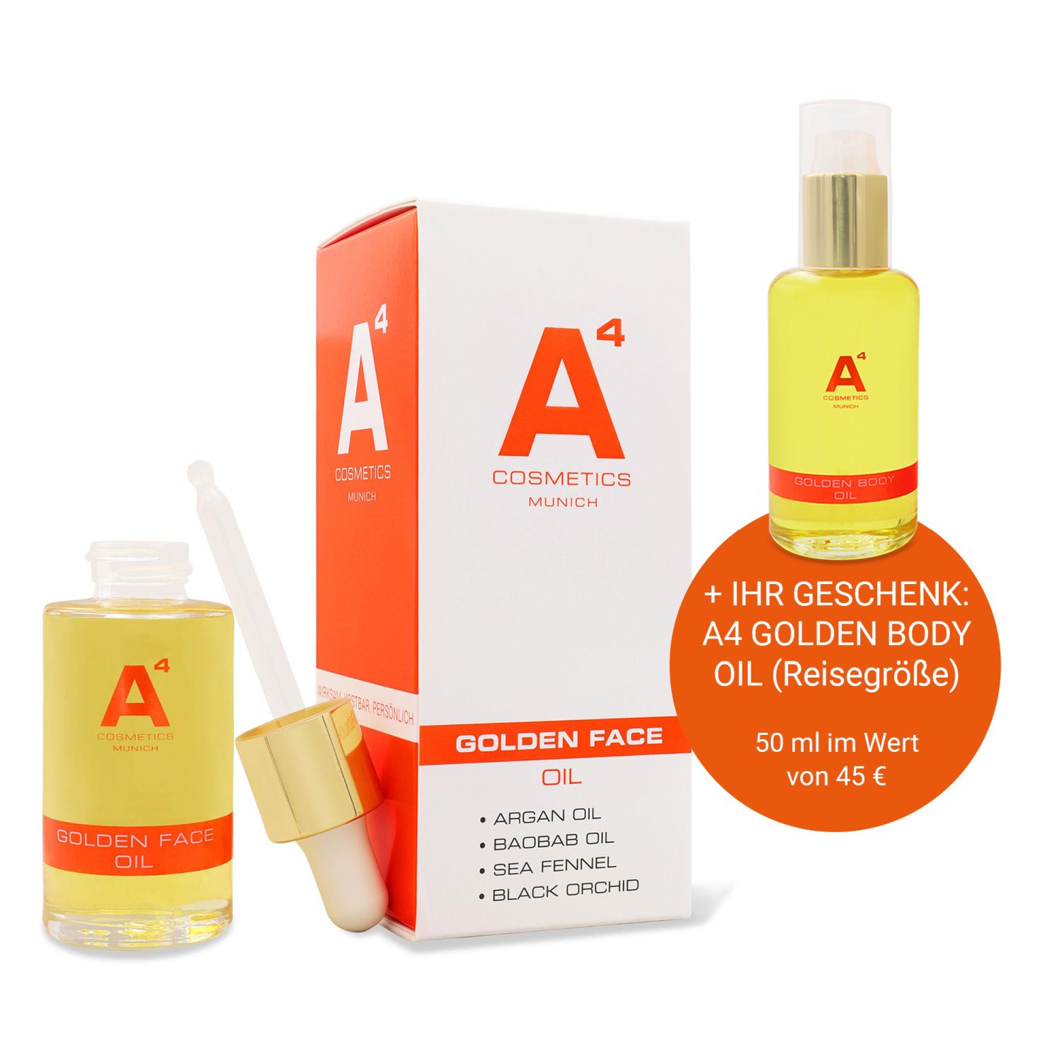 A4 Golden Face Oil onpack mit Golden Body Oil Mini